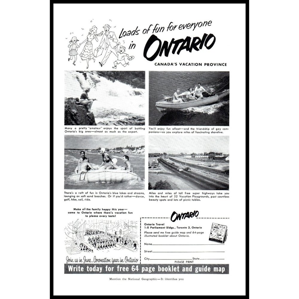 1953 Ontario Canada Vacation Travel Vintage Print Ad Coronation Year Wall Art